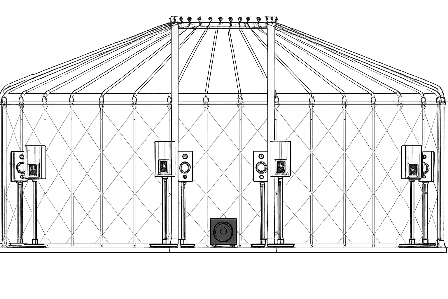 Side elevation of the Ger with multichannel speakers and subwoofer